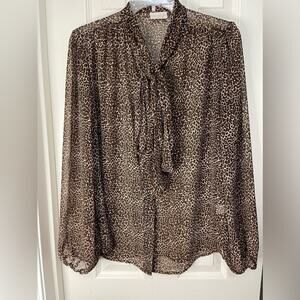 New York & Company Brown Animal Print Sheer Button Front Tie Blouse Size medium